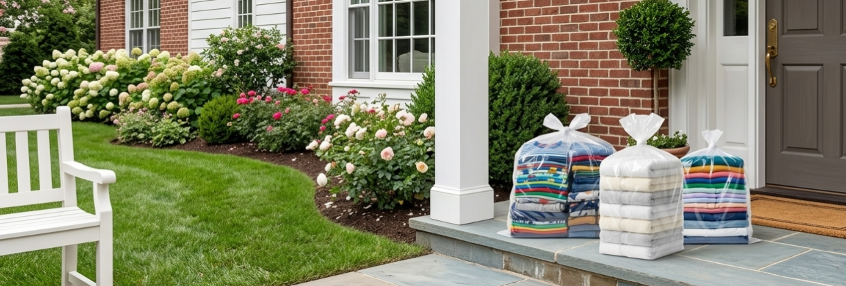 folded laundry on a doorstep