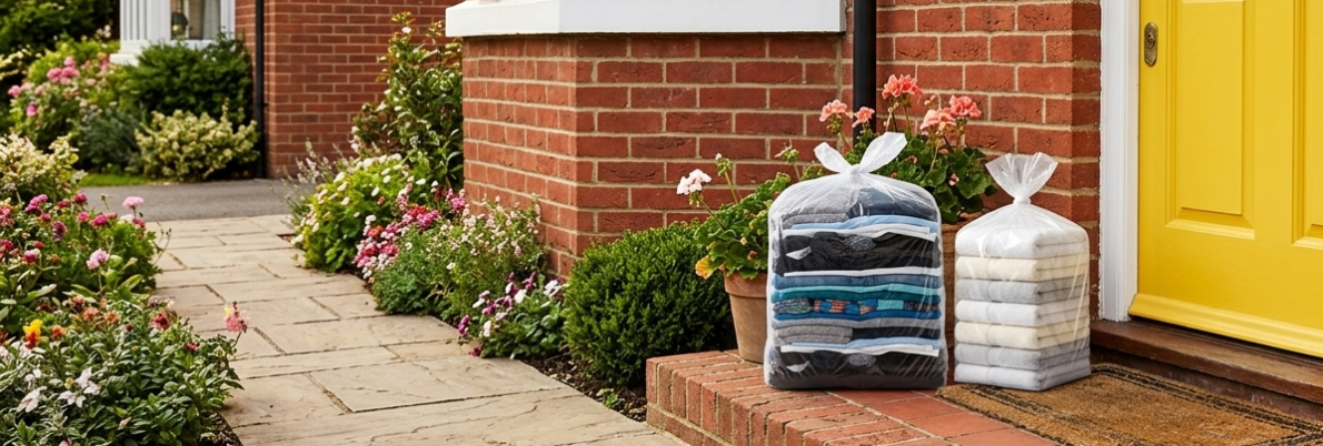 folded laundry on a porch