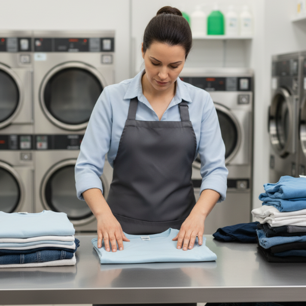 landromat worker folding clothes on a table