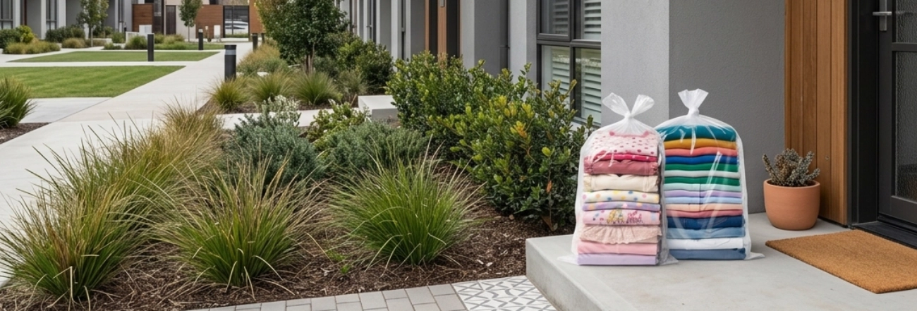 folded laundry on a doorstep